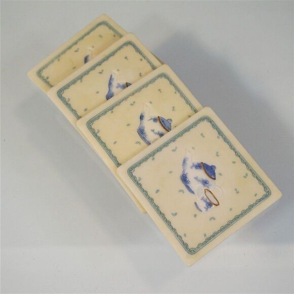 Vintage Tea Time Ceramic Coasters Ivory And Blue With Cork Back Set Of 4 - Picture 7 of 8